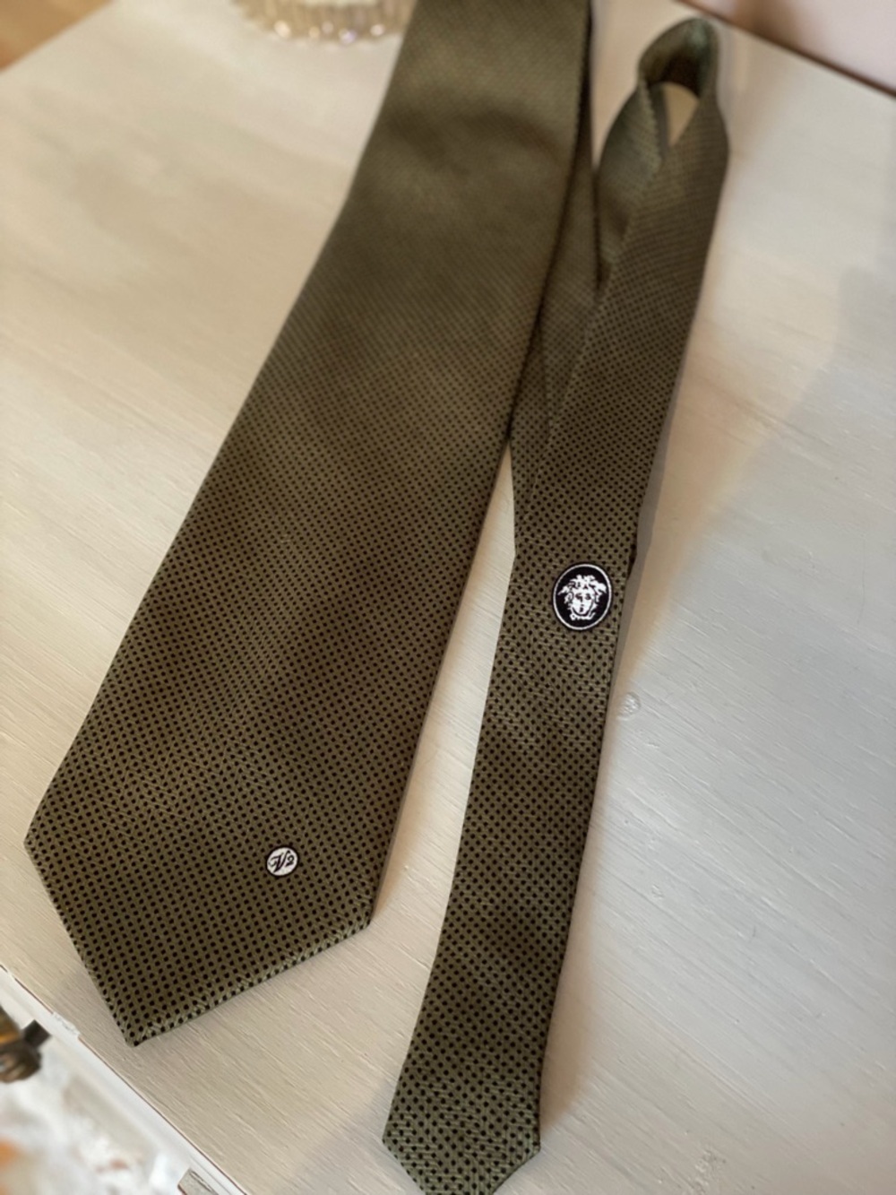 Versace Olive Green Silk Tie with Microdot Pattern